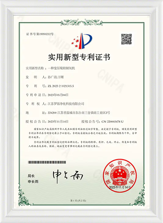 Patent Certificate - pressura adductius ADSORPTIONPTIONGIUM Generator